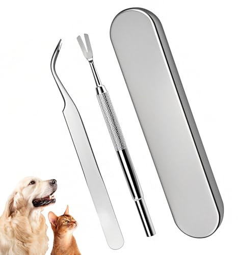 DAJING1 Set Tick Remover Tools for Dogs, Tick Removal Tool, Stainless Steel Tick Remover Tool Set Complete Tool Kit for Humans, Cats & Dogs(With Tick Removal Tweezers & Sharp Rake & Metal Box)
