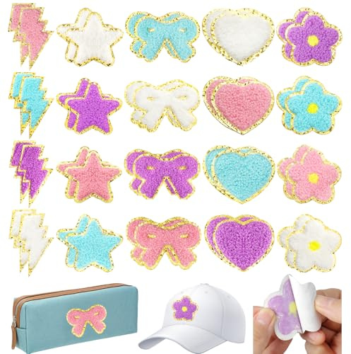 40 Stück Chenille Patches Selbstklebend,Bestickte Patches Schleife Herzförmige Stern Blumen Blitz Stoffaufkleber Ohne Nähen,für Mädchen Junge Rucksäcke Kleidung Jacken Hüte und DIY Dekorationen