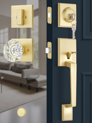 EHOMEWARE Goldfarbenes Haustürschloss-Set, Haustürgriff mit einzelnem Riegel, robustes Außentürschloss-Set, satiniertes Messing, Eingangstürgriff, moderne Glastürknäufe, universelle Passform