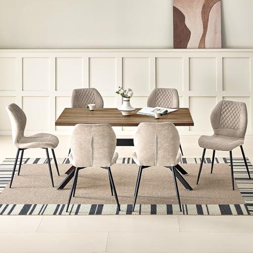 JIJIAN Essgruppen mit Dunkelbraun Holz Esstisch und 6 Brauner Stühle | Rechteckiger Esstisch in 140 x 80 x 76 cm mit 6 Ergonomischer Design Leinen Esszimmerstühle, für Esszimmer, Küche, Wohnzimmer