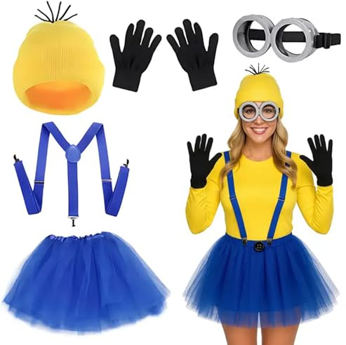 6PCS Yellow Costume Accessories - Complete Fancy Dress Set with Hat, Goggles, Gloves, Tutu Skirt, Suspenders; Halloween Costumes for Halloween Cosplay Party