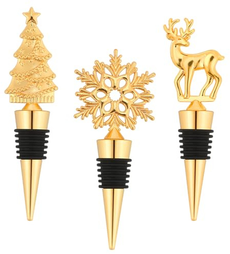 Set of 3 Alloy Christmas Wine Stoppers - Reusable Stag, Tree & Snowflake Bottle Stoppers Novelty Wine Stopper Gift for Holiday Decor, Party Favors,Gold