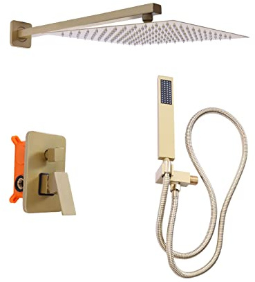 Ensemble de douchette encastrée - Or brossé - 30,5 cm - Système de douche encastré - Douchette à main et douchette de pluie - Fonction marteau étanche - Rotule rotative - Pour
