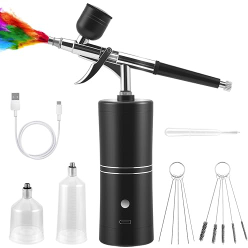 Airbrush-Set mit Kompressor – tragbar und wiederaufladbar, mit einer 0,3-mm-Düse, 5 Reinigungsnadeln und einem USB-C-Ladekabel. Geeignet für Modellbau, Kosmetik, Nageldesign und Tortendekoration