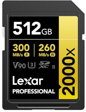Lexar Professional 2000x SD Card 512GB, SDXC UHS-II Memory Card, Up to 300MB/s Read, 260MB/s Write, Class 10, U3, V90 SDXC Card for DSLR, Full-HD Cinema-Quality 8K Video Cameras