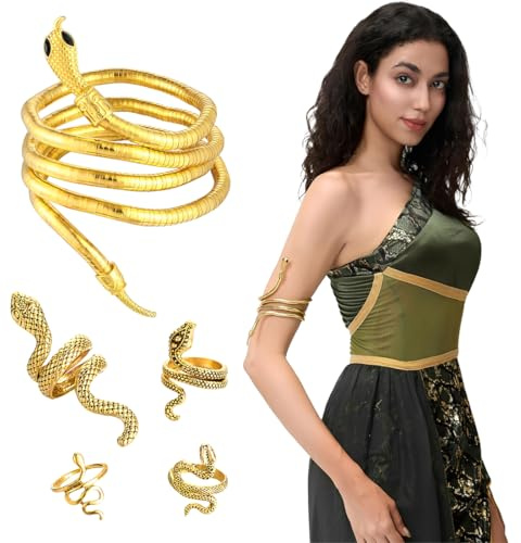 VEOIRXU Kette Damen Schlangenkette Schlangen mit 4 Schlange Ring Armreif Kette Damen Kopfschmuck Schlangenarmband Schmuck Armreif Oberarm Halskette für Damen Herren Medusa Schminke Outfit (Gold）