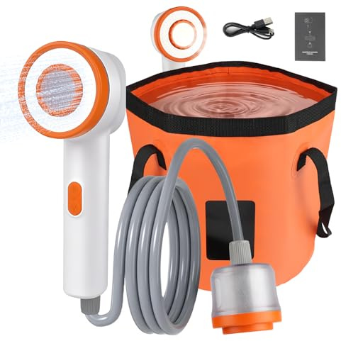 Doccia da Campeggio, Doccia Portatile con LED, Doccia Ricaricabile Esterna con Dotata di Soffione con Filtro&Serbatoio Pieghevole da 20L&Tubo Flessibile da 2M, per Spiaggia/Animali Domestici/Campeggio