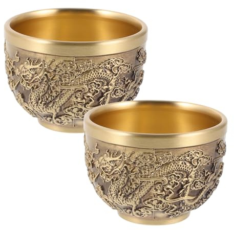 PACKOVE Tazas de Té de Cobre Antiguo 2 Piezas Diseño Dragón y Fénix, Estilo Chino Vintage, Pequeñas, Decorativas para Vajilla de Té y Decoración del Hogar