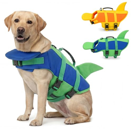 SMALLLEE_LUCKY_STORE Söt haj hund flytväst för små medelstora hundar, säkerhet flytväst med främre haka flyta och räddningshandtag hög flytkraft valp flytande badväst, blå, L