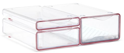 TATAY Contenitori Frigorifero Organizer Fresh Box | Set 3: Small+Medium+Large | Organizer Frigorifero con Cassetto e Griglia Scongelamento | Modulare e Impilabile | Plastica Senza BPA, Trasparente