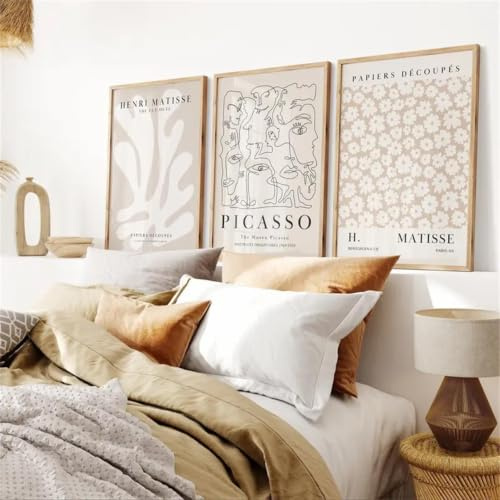 Lot de 3 posters, décor mural végétal beige, images florales abstraites dans le style de Matisse, décoration murale vintage sur toile, pour le salon, la chambre ou le bureau, sans cadre (A,40x50cm)