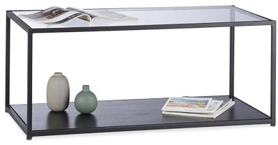 Relaxdays, Noir basse en Verre Rectangulaire Cadre en Métal Panneau vitré Surface Table de Salon HLP 42x100x50cm, 42 x 100 x 50 cm