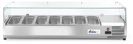 HENDI Aufsatzkühlvitrine, 4 höhenverstellbaren Füßen, Temperatur von -2 bis 8°C, Digitales Bedienfeld, elektronisches Thermostat, 7x GN 1/3, 230V, 180W, 1605x395x(H)430mm, Edelstahl