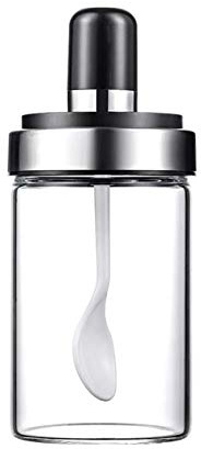 Boîte à condiments en verre avec cuillère et couvercle, Bouteille d'épices claire, Pot de stockage de bidon de sucre de sels de nourriture pour la maison et la cuisine, 8.5OZ (250 ml)