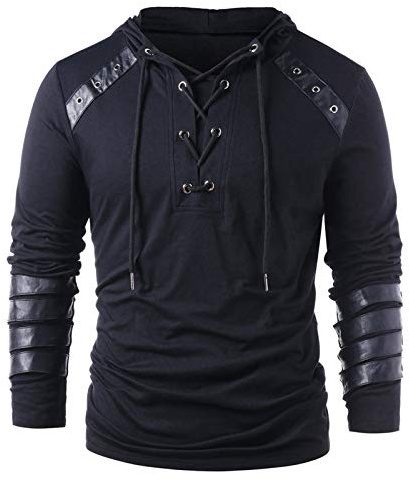 Xmiral Herren Kapuzenoberteile Kordelzug Vintage Leder Patchwork Langarm Sweatshirt Tops Pullover Schn黵ung Kapuzenpullover Sweatshirts(t Schwarz,XXL)