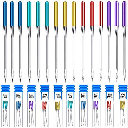 Agujas para Máquina de Coser 30Pcs, varios tamaños 65/9, 75/11, 90/14, 100/16, 110/18, Rregular Universal de Mango Plano Agujas con Botella