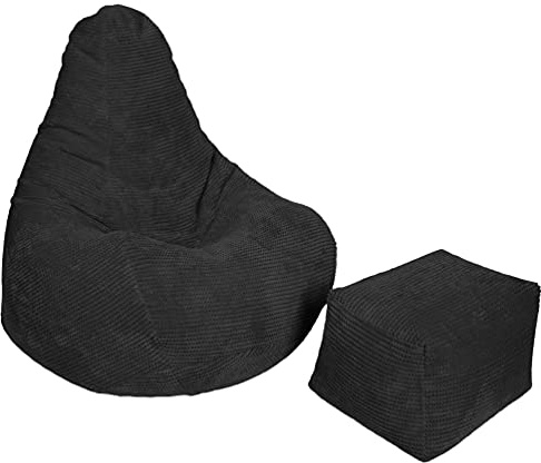 Loft 25 Adult Highback Bean Bag Chair | Corduroy Fabric Indoor Living Room Gaming Beanbag Lounger | Internal Liner | Ergonomic Design for Body Support (Bean Bag + Footstool, Black)