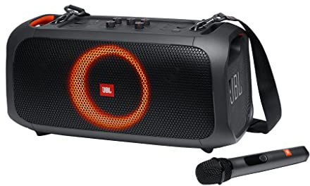 JBL PartyBox On-The-Go Altavoz portátil Bluetooth con sonido potente JBL para tus fiestas, con un show de luces y micrófono inalámbrico para darle vida a tus planes, impermeabilidad IPX4, negro