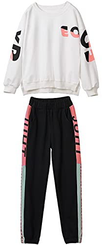 amropi Filles Jogging Survêtement Ensembles Pantalon et Sweats Haut 2 Pièce Vêtement Blanc Noir, 12-13 Ans