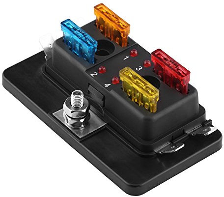 12V / 24V / 32V Block 4 Way, Car Standard Blade Box with LED Warning Light, Inline Board Holder Power Fused Distribution Block for ATV Boat Vehicle Marine Trailer Motorcycle