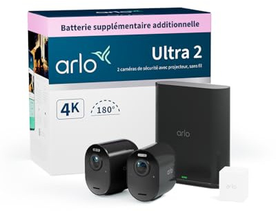 Arlo Ultra 2 Camera Surveillance WiFi Exterieure Sans Fil, 4K UHD, 180° Vision Nocturne, Sirène, Détection Mouvement, Audio Bidirectionnel, SmartHub Incluse, Inclus 90 Jrs Arlo Secure, 2 Caméras Noir