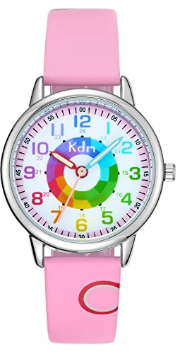 KDM Klockor för barn, barn, flickor, pojkar, vattentät analog läderklocka, läderrem, vattentät, B-1 【Regnbågscirkel】Rosa, armband