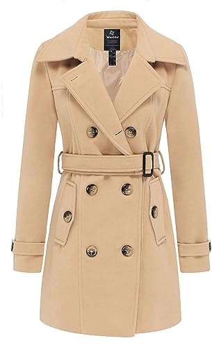 Wantdo Dubbelknäppt kappa för kvinnor, trenchcoat, medellång korsad jacka, varm vinterjacka, tjock jacka med bälte, khaki, M