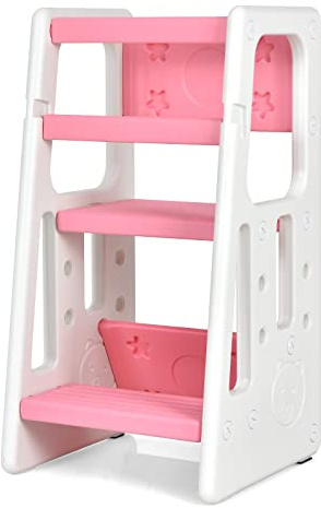 GOPLUS 2 in 1 Baby Lernturm, Küchenhelfer mit 3 Verstellbaren Höhen, Anti-Rutsch-Stufe, Rausfallschutz & Sitzfläche für 18-60 Monate, Tritthocker aus HDPE für Küche & Badezimmer (Rosa)