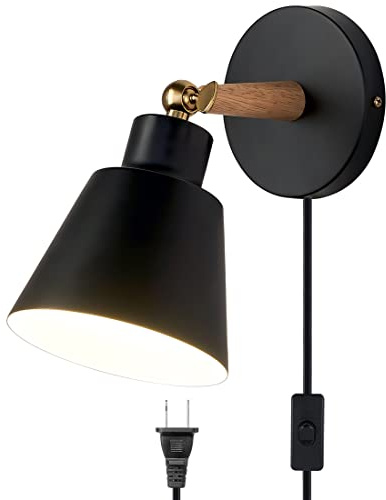 ClanKin Plug in Wall Sconces Lighting, Black Wood Style Wall Sconce Reading Lamp, Adjustable Wall Light for Bedroom Hallway Living Room (1, Black Plug-in)