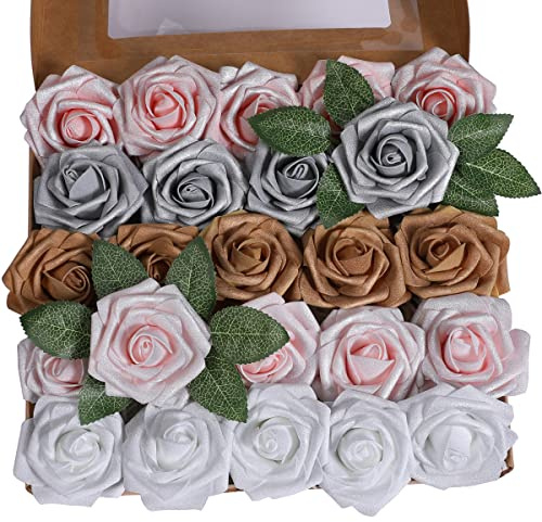 Ruiuzioong Rosa Artificial Flor 25PCS Rosa Falsa Espuma Mirada Real con Hoja y Vástago Ajustable para Bricolaje Ramos de Boda Decoraciones para el Hogar Nupciales (Cinco Colores + Polvo, 25pcs)