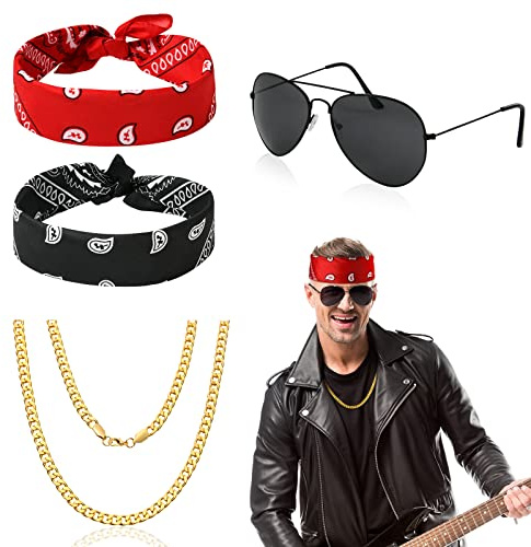 Aomig Rocker Schwermetall Punker Kostüm Zubehör, Punk Gothic Rocker Kit | Perücke Bandanas Nylon Wig Cap, Disco Rockstar Locken Perücke, 70er 80er 90er Jahre Jahre Accessoires für Männer Frauen