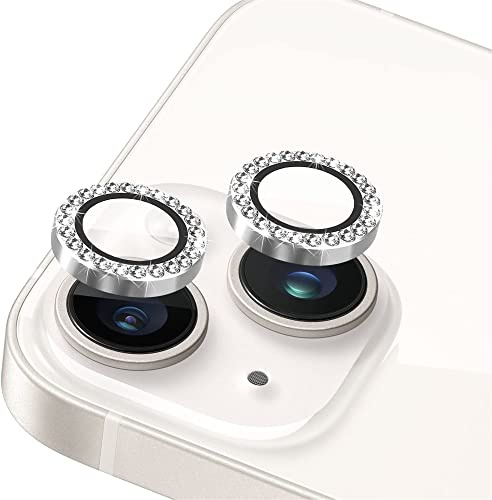 Camera Lens Protector for iPhone 13/iPhone 13 Mini 9H Tempered Glass Camera Cover Bling Crystal Diamond Metal Individual Ring Bulletproof Scratchproof Protective Lens Protectors (Silver)