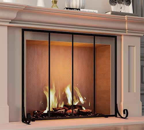 Fire Beauty Flat Panel Fireplace Screen Spark Guard Wrought Metal Gate Cover for Home, Decorative Mesh Fire Place Safety Fence,Baby Safe Spark Guard Protector | Stable Adjustable Foot Structure, Pet And Toddler Home Safety Protection, Clear Fire View