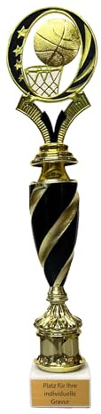eberin Basketball-Pokal XL - 34 cm Trophäe mit Gravur - Gold Schwarz | XL Siegerpreis mit Komplettfigur Basketball, edler Marmorsockel in Weiß, individuelle Wunschtext Gravurplatte inklusive