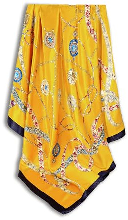 GLORIS Écharpe en soie pour femme, 90 x 90 cm, élégante écharpe carrée en soie, tour de cou, écharpe en satin, bandana, foulard pour la tête, cadeau pour femme, accessoires de mode, bordure jaune