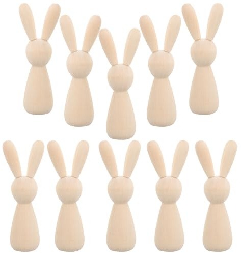 NUOBESTY 10 Stück Unvollendete Holzpflockpuppen Figuren Hasenpuppenfigur Unbemalte Pflockpuppen Blanko Holzhasenpuppe Tierpuppenkörper Für DIY Handwerk Kunst Zuhause Ostern Party Dekoration