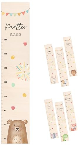 wunderwunsch® - Personalisierte Messlatte Kind Holz zum Kleben oder Aufhängen - Skala 70-140cm - Süße Dekoration für Baby- & Kleinkinderzimmer (Bär)