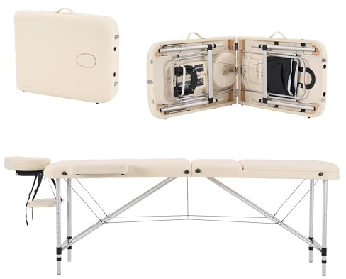 YOUNIKE Lettino da Massaggio Beige Pieghevole Portatile Lettino di Bellezza Professionale a 3 Zone Regolabile e Pieghevole in Altezza in Alluminio con Custodia per il Trasporto