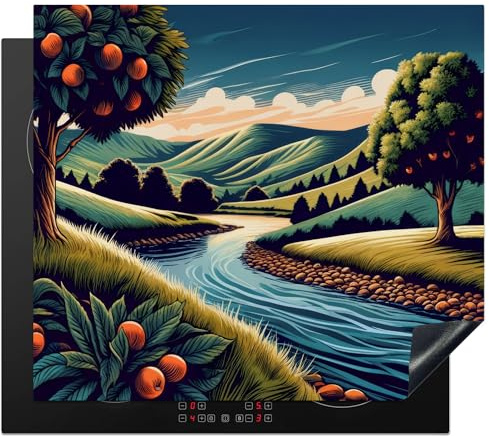KitchenYeah© Protege Couvre Plaque De Cuisson Décoration Cuisine Tapis | 60x52 cm - Protection Protecteur Induction Rivière - Arbres - Nature - Montagnes