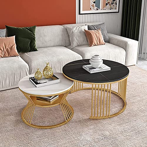Moderner Couchtisch für das Wohnzimmer, Satztisch, 2er-Set, stapelbare Couchtische aus Metall, Schieferplatte, modernes rundes Beistelltisch-Set mit stabilem Metallrahmen, Wohnzimmer-Ablager