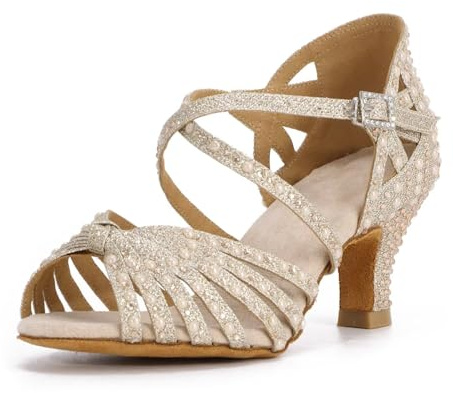 Syrads Women's Rhinestone Ballroom Dance Shoes Latin Salsa Dancing Shoes Cross Strap Ballroom Dance Shoes,Champagne Gold 6cm Heel,6 UK