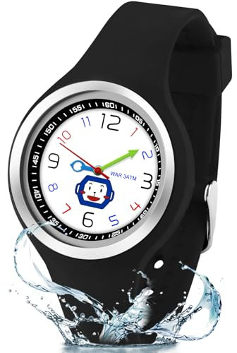 GUUMUXIN Analoge Kinderuhren für Jungen und Mädchen, Uhr zum Lernen der Zeit mit Cartoon-Muster-Abnehmbares Zifferblättern, 30 Meter wasserdichte kinderarmbanduhr von 6-12 Jahren