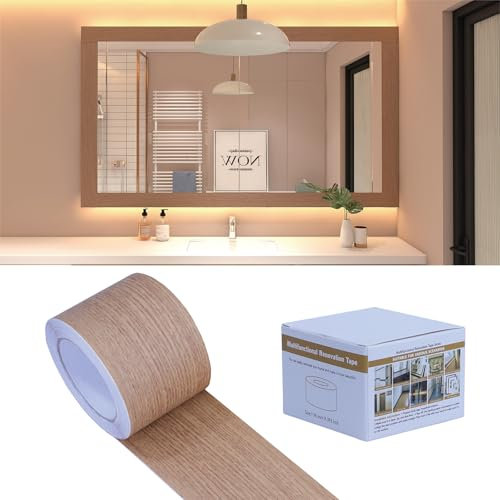 FEILAYS Tapetenbordüre mit Holzmaserung, abnehmbar, wasserdicht, Spiegelbordüre, zum Abziehen und Aufkleben, Badezimmer-Spiegelrahmen-Bordüre (natürliche Eiche) 5cm x10m