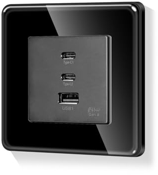LIAONFOY Runde 65W Super Fast Charging Wandsteckdose Glasrahmen Kompatibel iPhone iPad Android Gerät Max 65W für Typ c 20W für USB Schwarz Gekurbte Kanten rahmen 86mm 100-240V(Neutrale erforderlich)