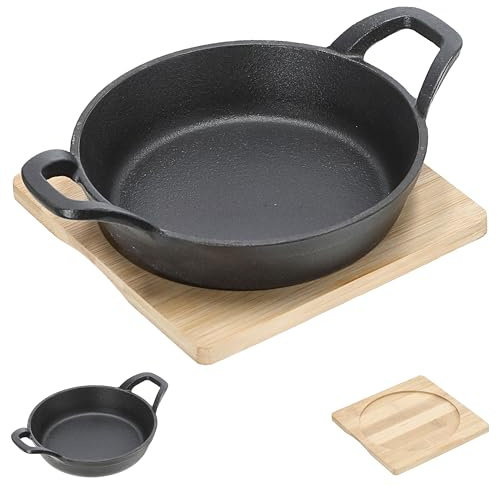 Cepewa Servierpfanne 2er Set rund | 15x6x22,5cm Eisen Bambus | Servierpfännchen mit zwei Seitengriffen auf Bambusbrett (1 x 2er Set Servierpfanne rund 15x6x22,5cm)