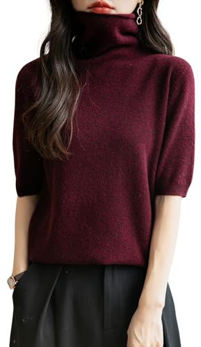 Chanyarn Donna 100% Lana Merino Manica Corta Maglione 2025 Primavera Estate Inverno Casual Dolcevita Senza Cuciture Maglia Maglione (Dark Red,L)