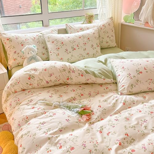 Covebett Bettwäsche 135x200 2teilig Weiß Grün Blumen Blätter Pflanzenmuster | Bettbezug Blumenmuster Aesthetic Mädchen Mikrofaser Renforcé Wendebettwäsche Set mit Reißverschluss und 1 Kissenbezüge 40x80