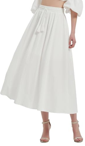 BALAYSIER Falda Larga Mujer con Bolsillos y Cordón Ajustable Verano Faldas Largas Mujer para Casual Playa Fiesta（Blanco,S