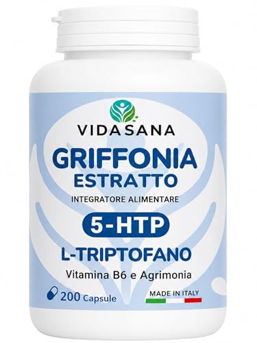 triptofano Integratore Griffonia 5-HTP Alto Dosaggio - ansia –Naturale per Rilassamento, Benessere Mentale e Normale Tono dell’Umore – Serotonina Support Formula naturale – 200 Capsule
