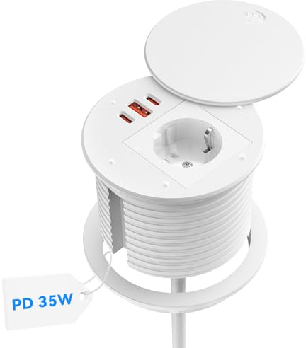 Ohuo Presa da incasso USB C PD 35 W, Multipresa Bianca da Incasso con Coperchio, Cavo da 1,8 m